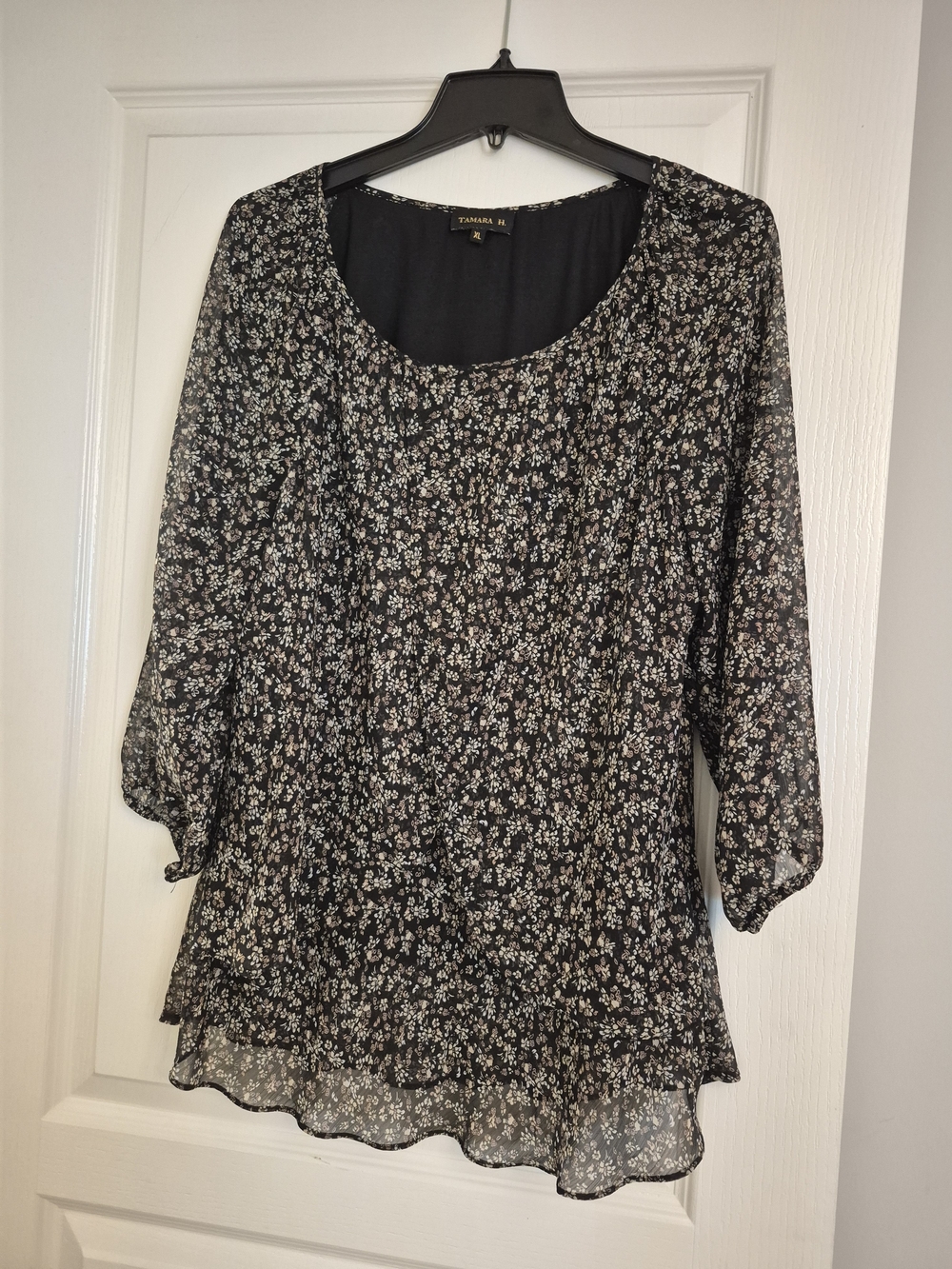 Black Floral Sheer Blouse - Scoop Neck, 3/4 Sleeves